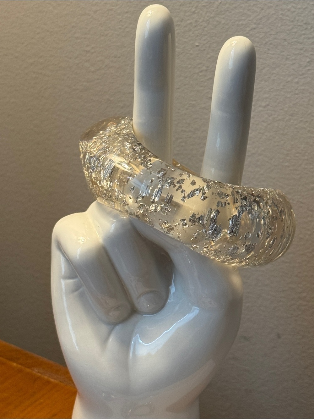 Clear Modernist Chunky Lucite Bangle Bracelet with Silver Flakes - Picture 7 of 13